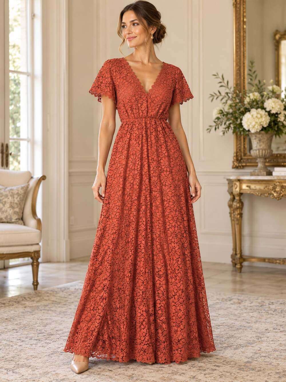 Baltic Born Venice Lace Maxi Dress Rust V Neck Wedding Guest Boho Size S